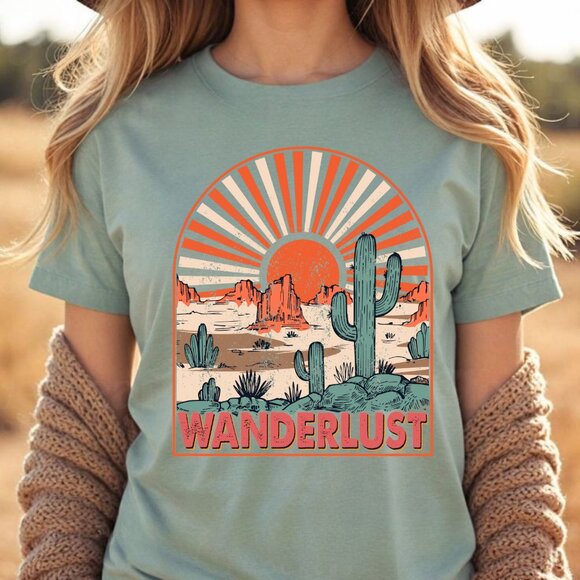 Desert Wanderlust T-Shirt | Women's Cactus Sunset Graphic Tee Boho Vintage Vibe - Picture 1 of 5